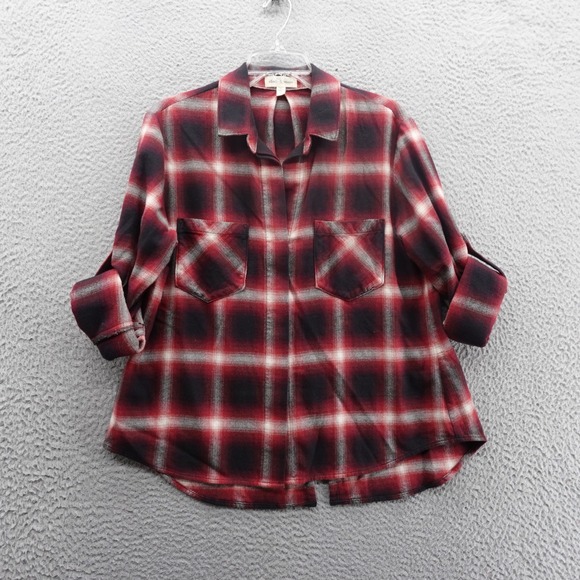 Cloth & Stone Split Back Flannel Shirt Medium Red Womens Roll Tab Sleeves Casual - Picture 1 of 13